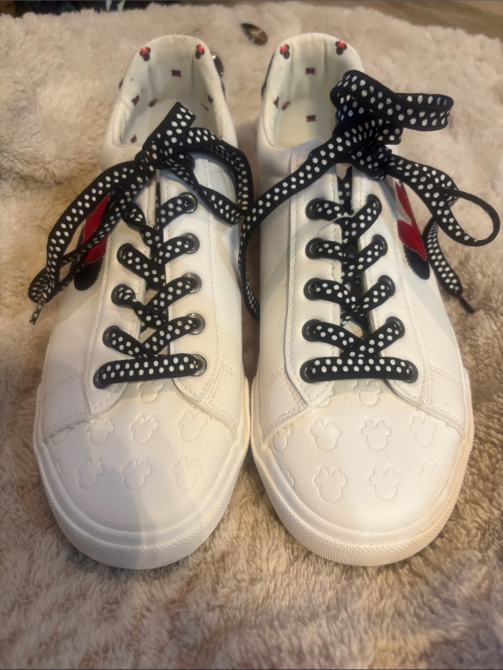 Disney White Sneakers with Black Polka Dot Laces and Red Side Accents